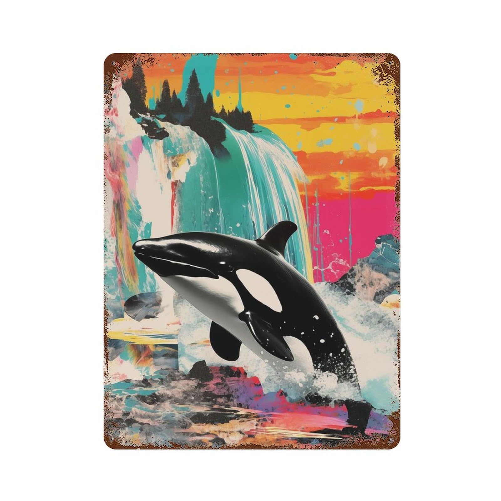 Orca Whale Killer Collage Retro Metal Sign 15.7"x11.8", for Pub, Kitchen And Man Cave Decor, Industrial Home Decor