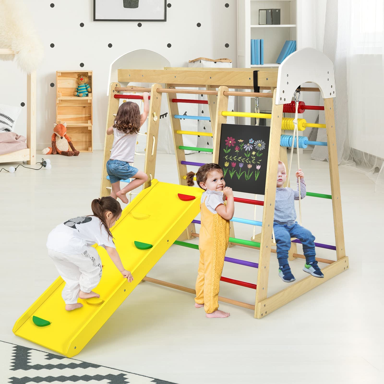 RELAX4LIFE 8 in 1 Triangolo da Arrampicata Multifunzione, Parco Giochi in legno Massello con Scivolo, Altalena e Lavagna, Uso Interno, per Bambini 1 a 5 anni (Modello 3 Colorato)