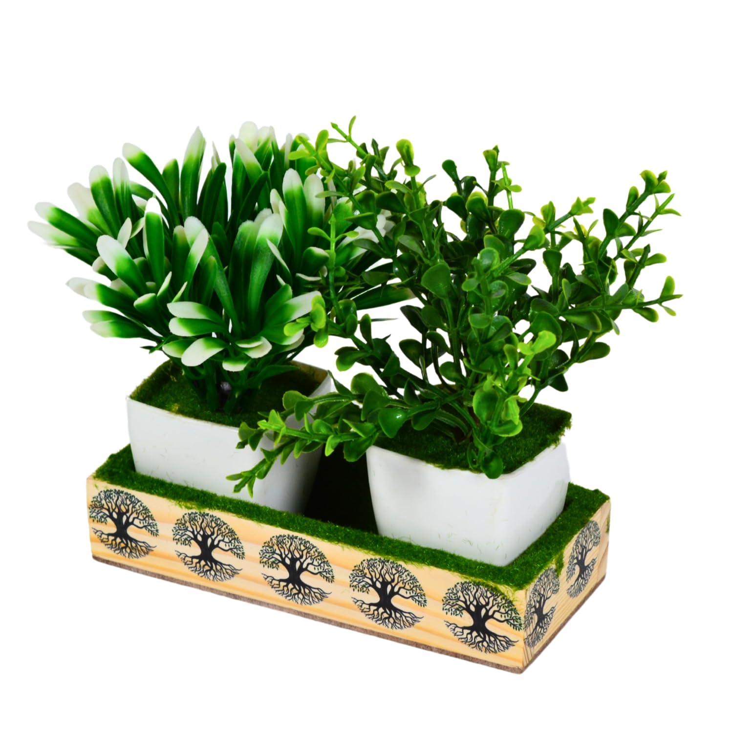 fancymart Artificial Plant Leaves Set of 2 Potted Plant in Small Wooden Planter Tray | Perfect Home Decor Item Height 15cm x Width 16cm