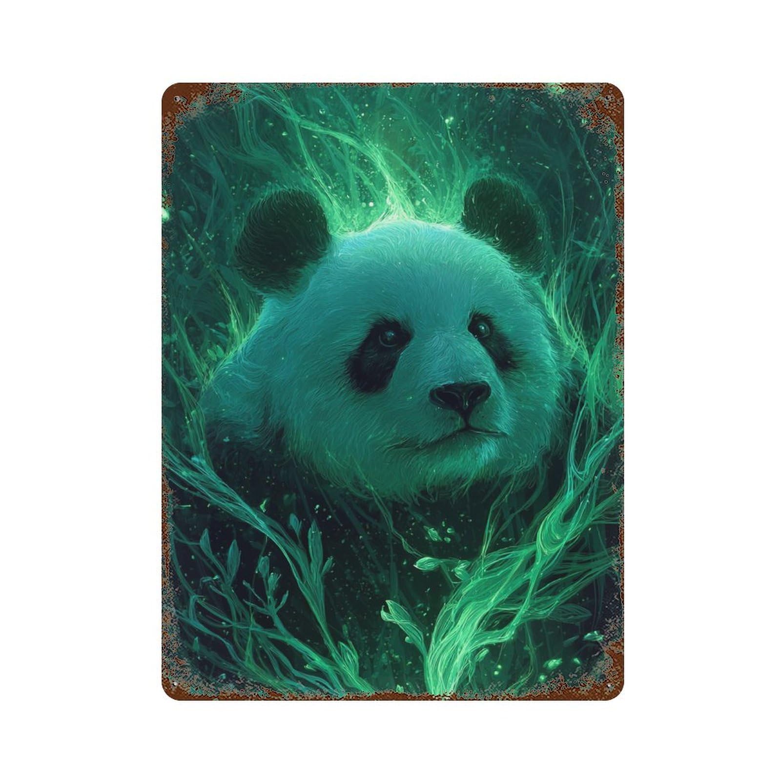 Glowing Panda Artwork Rust Effect Tin Sign 15.7"x11.8", Farmhouse Wall Decor for Bistro, Counter And Cafe Decor