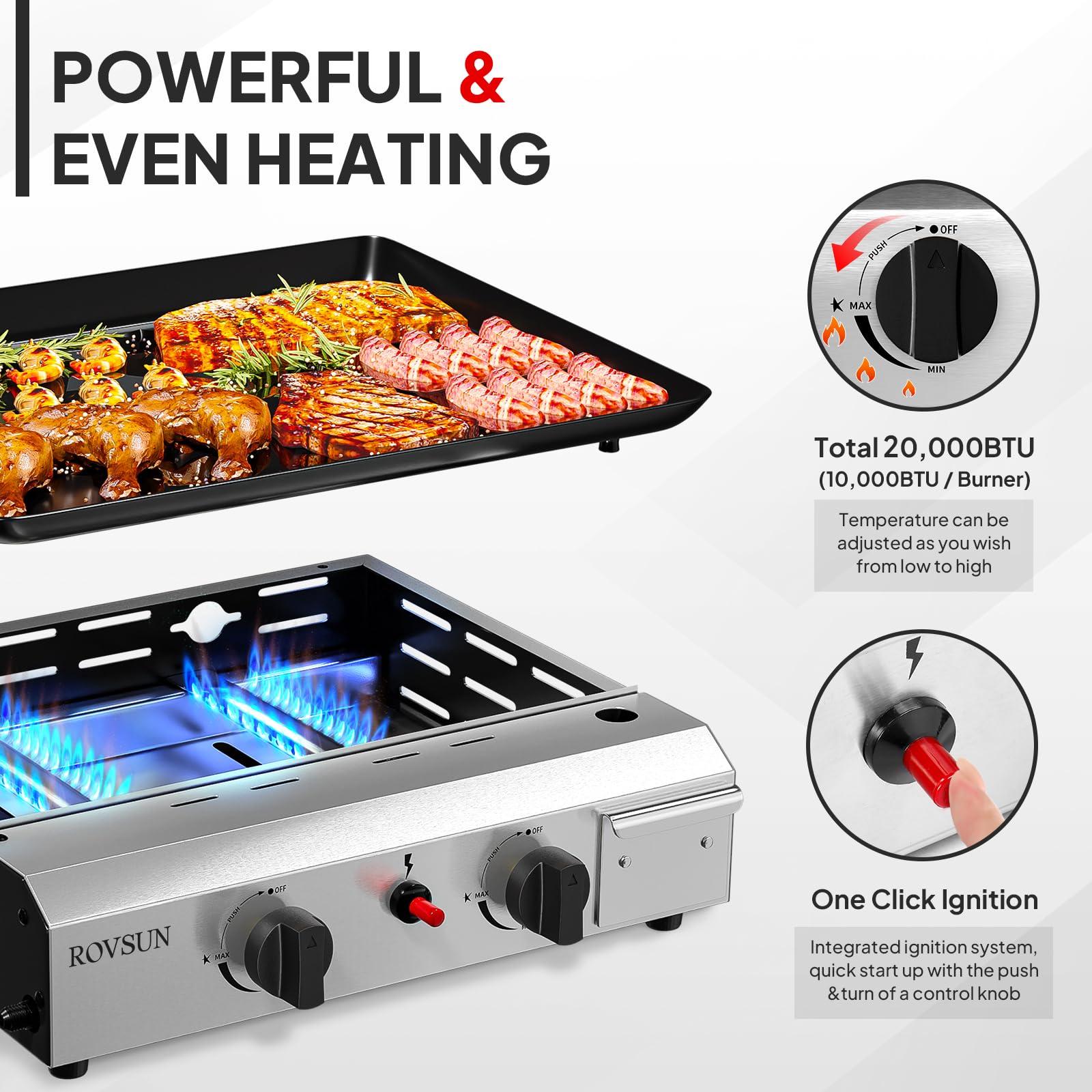 ROVSUN Camping Gasgrill Tischgrill aus Edelstahl, mit 2 Brennern, 4,8 kw, Emaillierter Antihaft-Grillplatte & ein-klick-Zündung für Camping, Garten & Strand, ohne Strom 44x39x16 cm