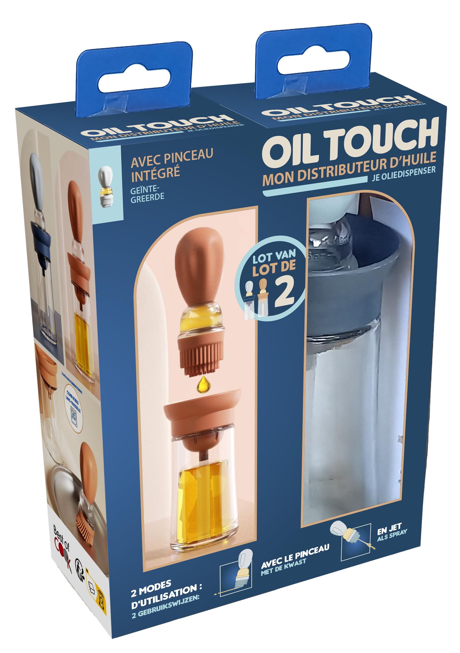 MYBO TV - Pędzelek do oleju Oil Touch - Dozownik oleju z silikonową szczotką 2 w 1-150 ml - Do wszystkich olejów: oliwa z oliwek, olej tunnezolowy - losowy kolor niebieski lub łosoś