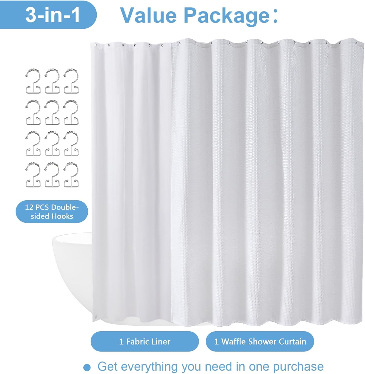 FY&XZH Waffle Shower Curtain Set with Waterproof Fabric Liner and 12 Stainless Steel Hooks Double Sided for Bathroom, 3 in 1 Heavy Duty Polyester Shower Curtain, Machine Washable, 72"x 78"(White)