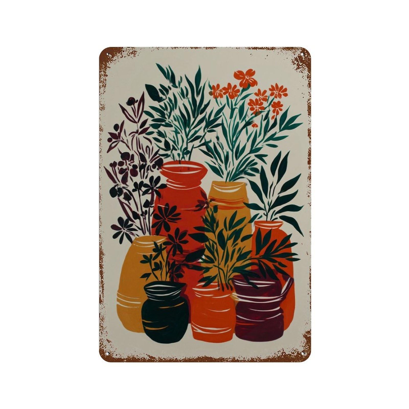 xiaoxiaoshen Orange Red Vases Abstract Botanical Folk Pottery Still Life Wall Decor Art Metal Tin Poster Modern Home Decor Art Home Bar Shop Decorations Vintage Sign 30x20cm