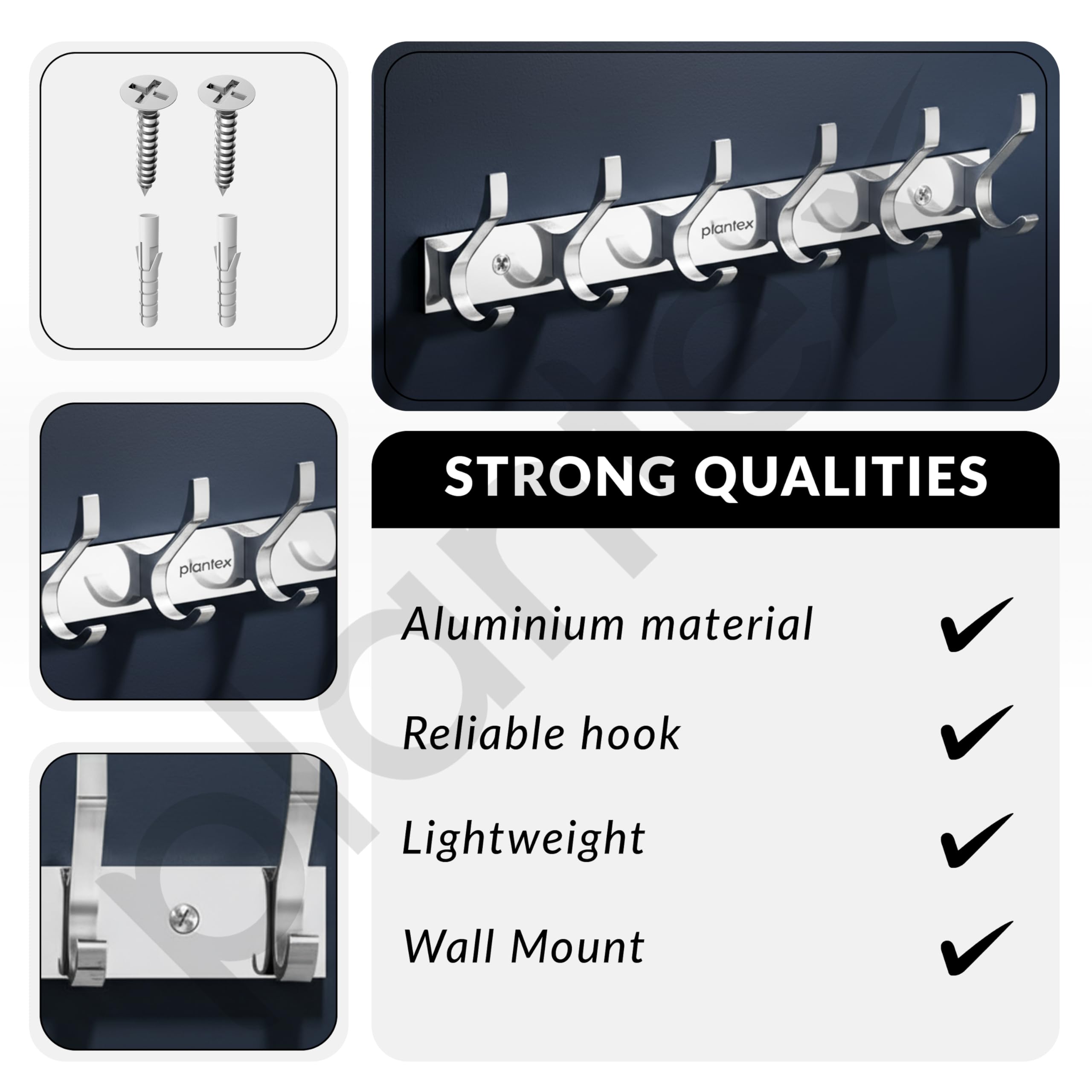 Plantex Aluminum Hook Rail with 6 Hooks for Bathroom/Kitchen- Door Hanger for Clothes/Towel - Pack of 3 (6 Hooks, Chrome) 3