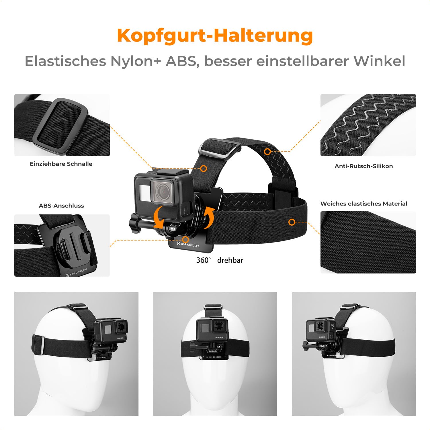 K&F CONCEPT Action Kamera Zubehör Kit Brustgurt Rucksack DJI Osmo 360/Insta360 X5/X4/X3 Schultergurt Halterung 360° drehbare Kopfgurt und Handschlaufe für GoPro Hero 13/12/11/10/9/8/Osmo Action Series