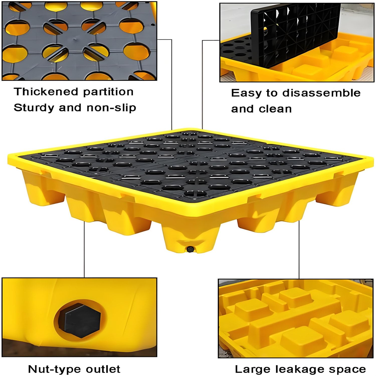 Bac de rétention robuste avec drain, plateau modulaire pour chariot élévateur, destiné au stockage industriel d'huiles et de produits chimiques, 33,5 x 33,5 x 5,5 cm, solution durable et fia