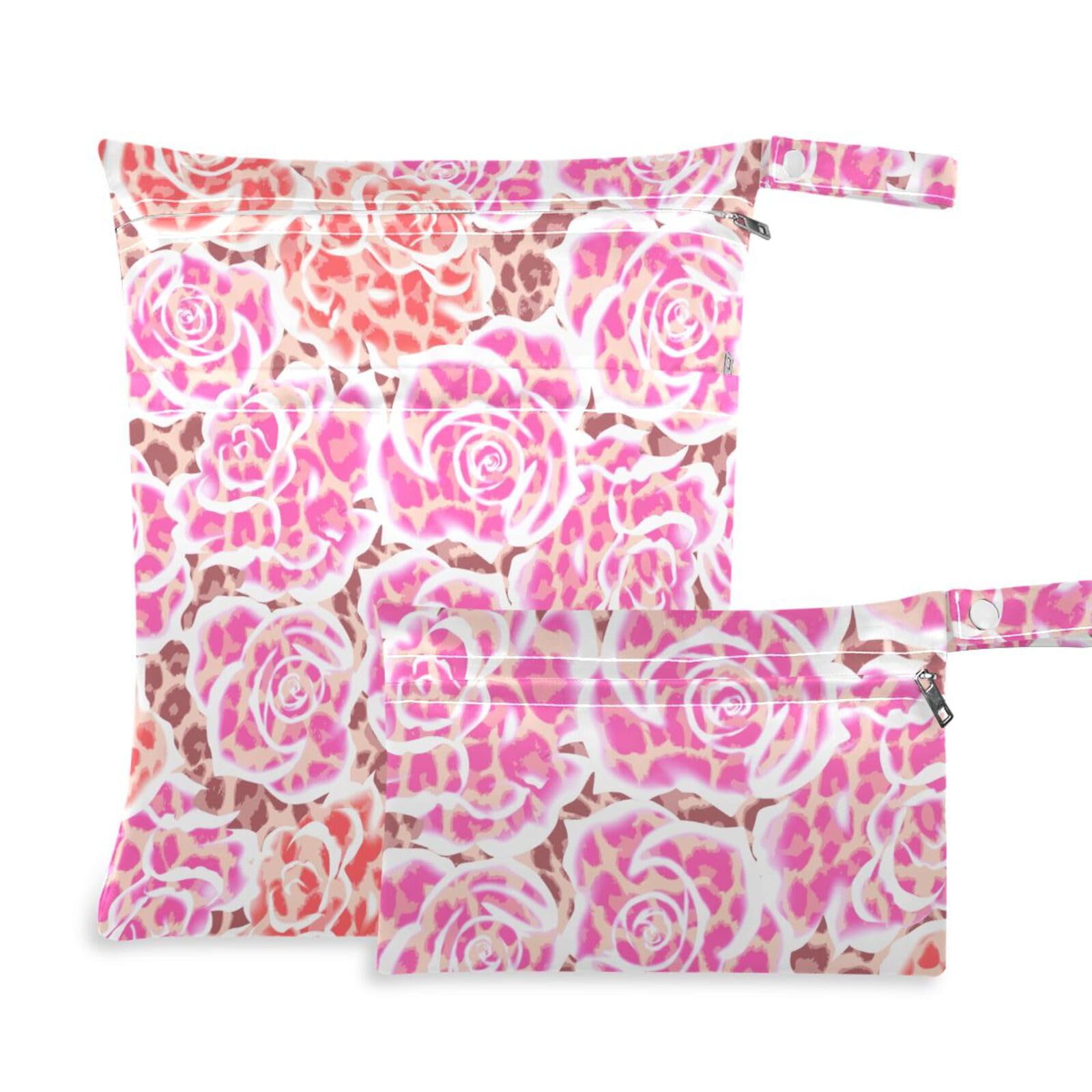 susiyo 2 Pcs Wet Dry Bag Animal Roses Waterproof Reusable Baby Cloth Diaper Wet Bags with 2 Zipper Pockets for Breast Pump Parts Travel Beach Pool Gym Yoga Swimsuits Wet Clothes