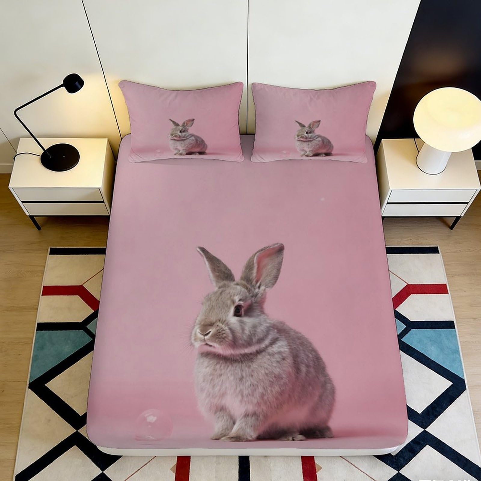 3D Printed Pink Rabbit Fitted Sheet Microfiber Soft Breathable Bunny Mattress Cover for Bedroom Dormitory Guest Room Mattress Protection Decor 180x200x25cm