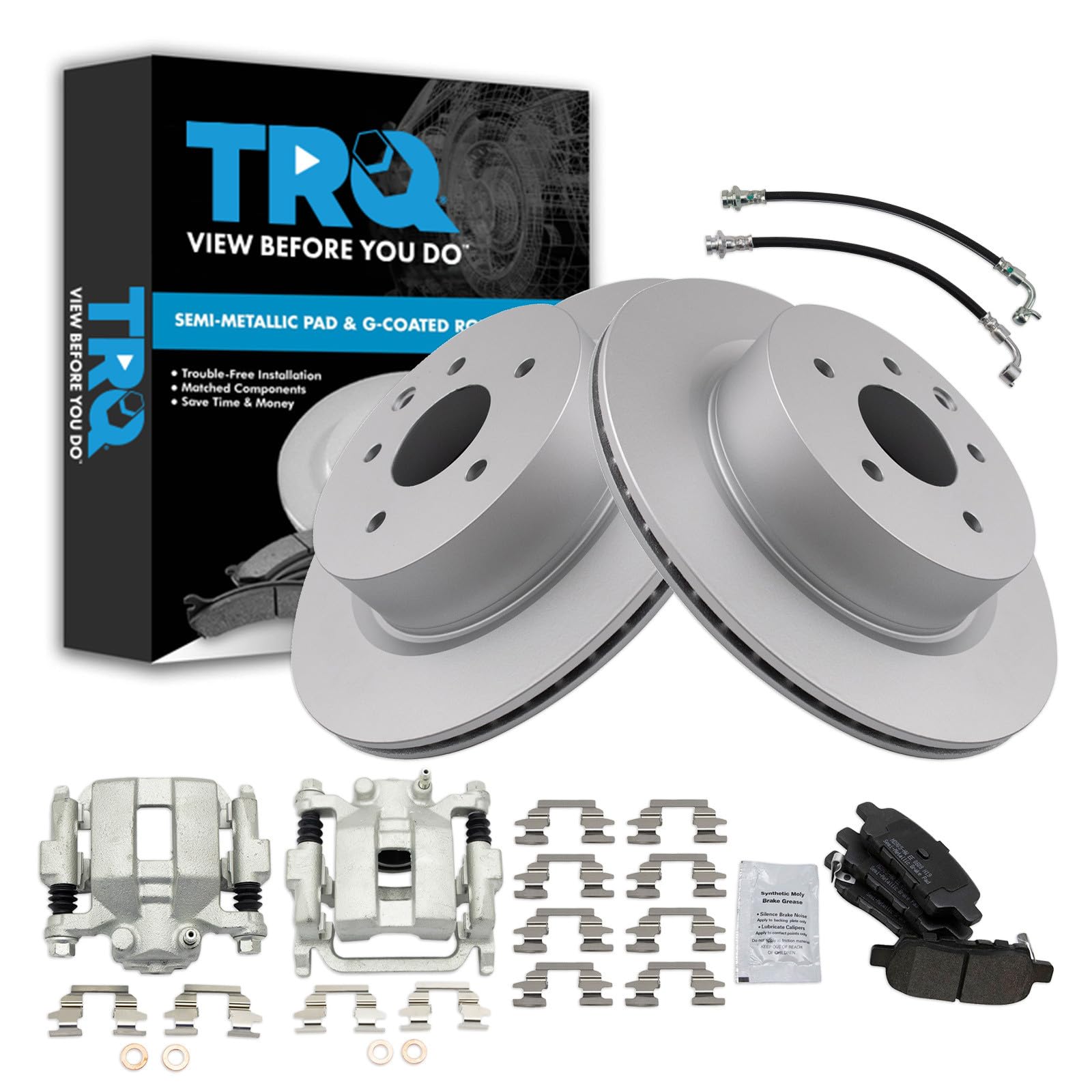 TRQ Rear Brake Pad and Rotor Set Semi Metallic Coated Rotors Calipers Compatible with 2005-2007 Infiniti G35 2006-2008 Nissan 350Z