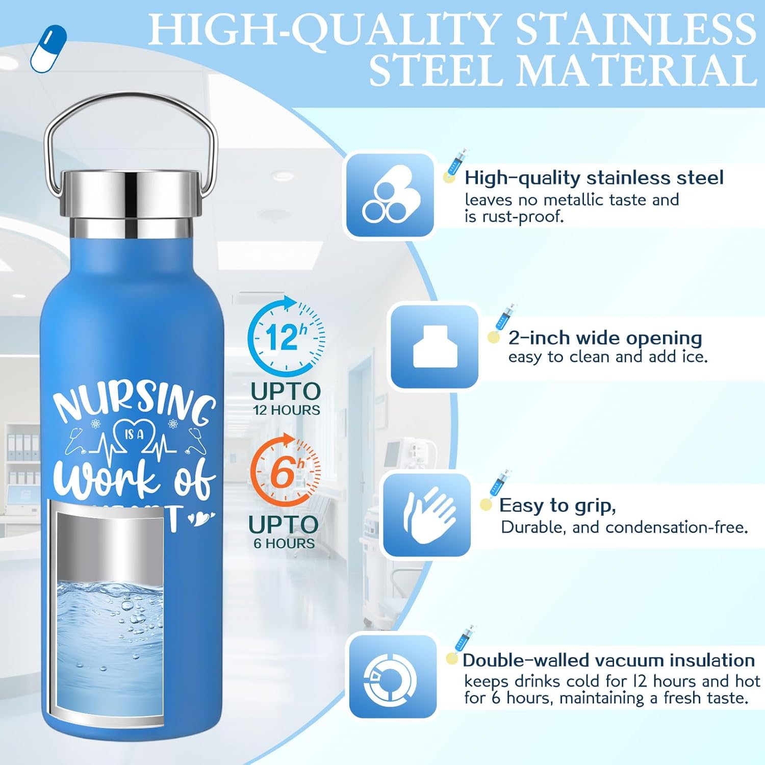 10 Pcs Nurse Gifts for Women 17 oz Stainless Steel Water Bottles with Handle for Nurse Day Week Insulated Coffee Tumbler with Lid Nursing Appreciation for Adult Coworker (Lively Pattern)