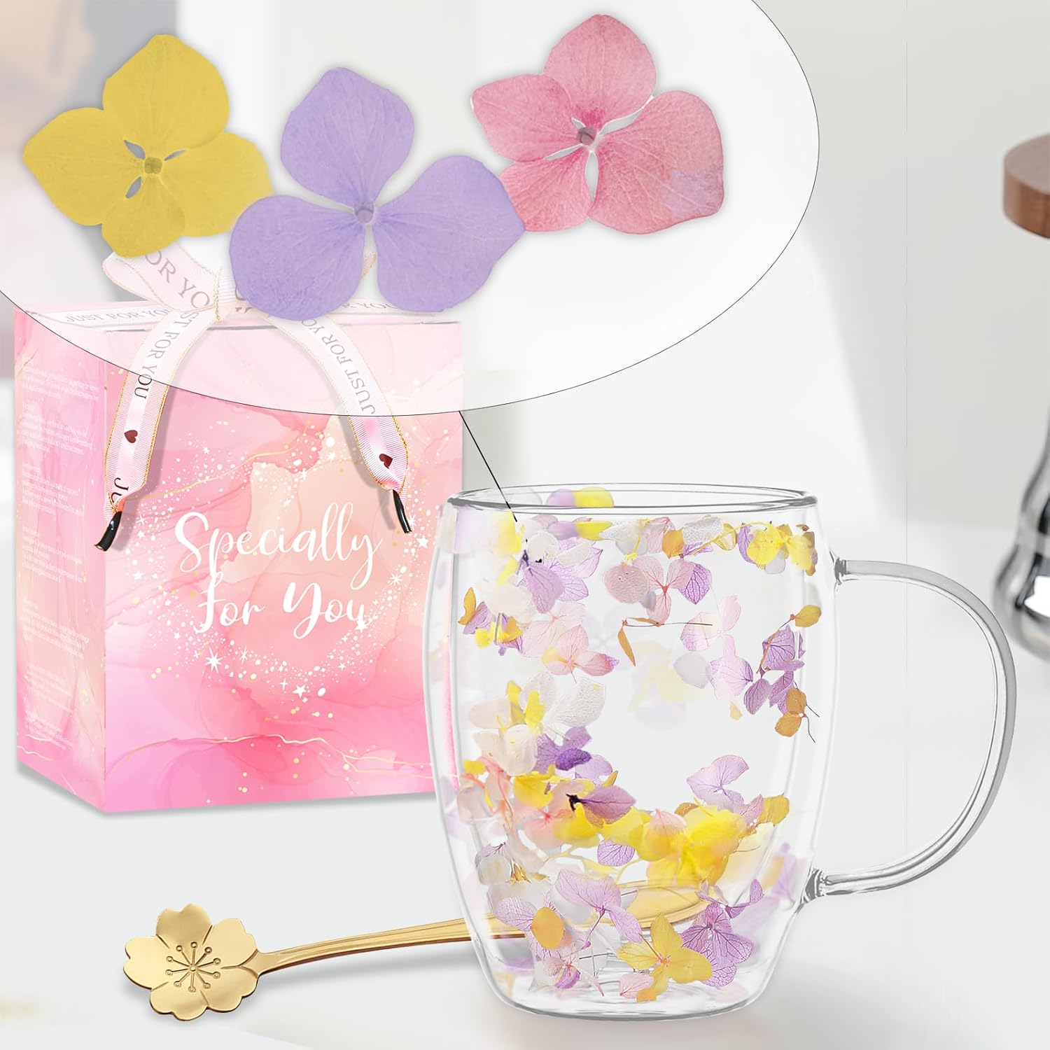 Double Wall Glass Coffee Mugs, Aesthetic Dried Flowers Cups with Handles,Espresso Cups for Cappuccino Coffee Tea Milk,Insulated Heat Resistant Glass Mug Christmas Birthday Gifts for Women - Image 8