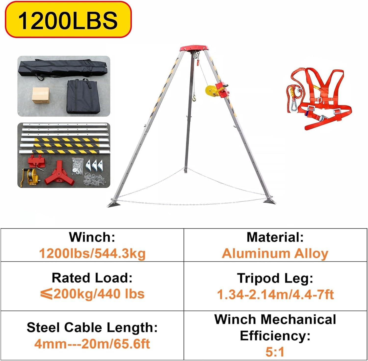 Fall Arrest Kits,Road Rescue Confined Space Tripod Kit, High Places/Cliffs/Deep Well Rescue Safety Guards Device Aluminum, 4.4ft-7ft Adjustable Legs, with 1200lbs/1800lbs/2600lbs Winch (Si