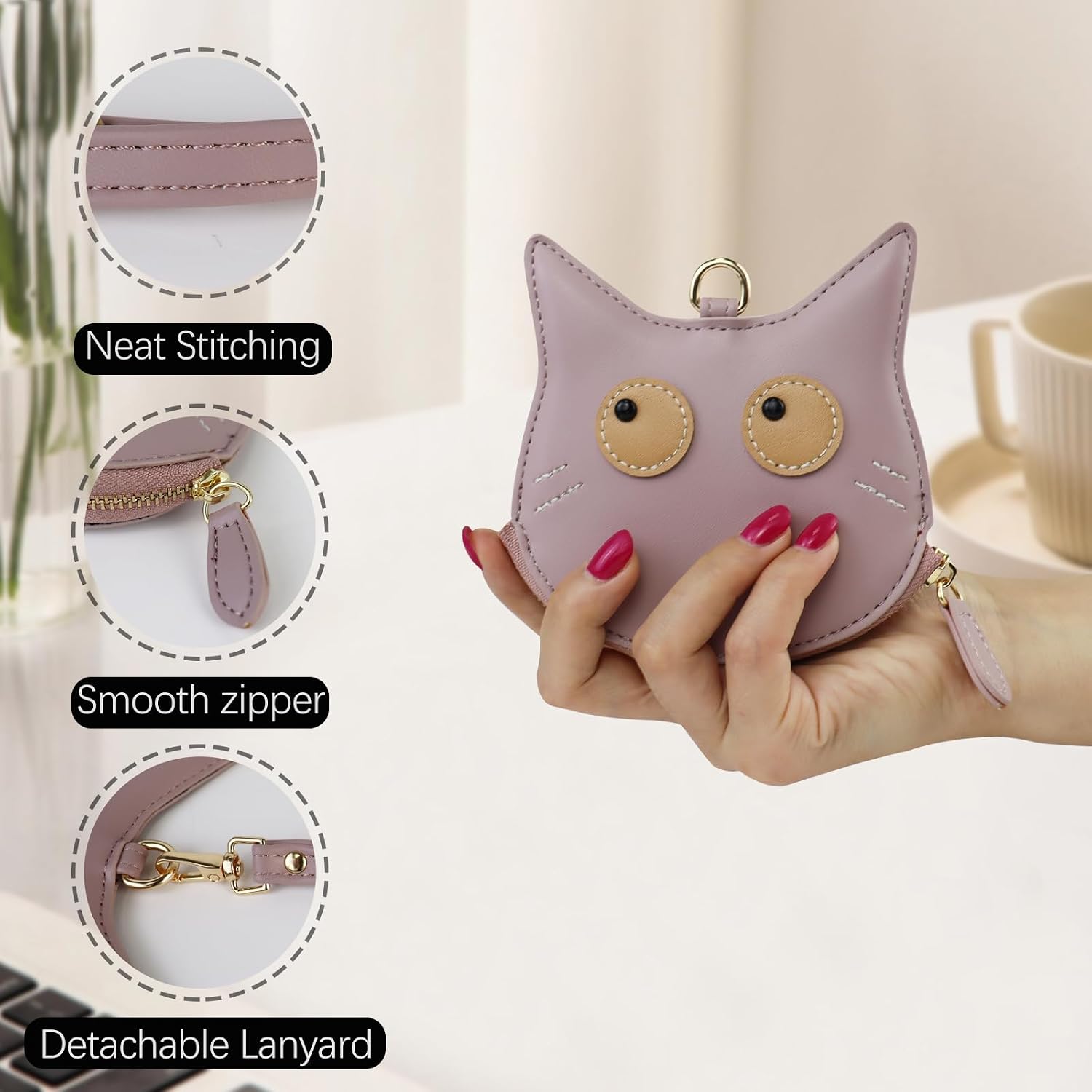 Andiker Coin Purse, Cute Cat Shape Small Wallet with Zipper Closure, PU Leather Keychain Wallet with 40 CM Neck Cord for Women (Green) image 4