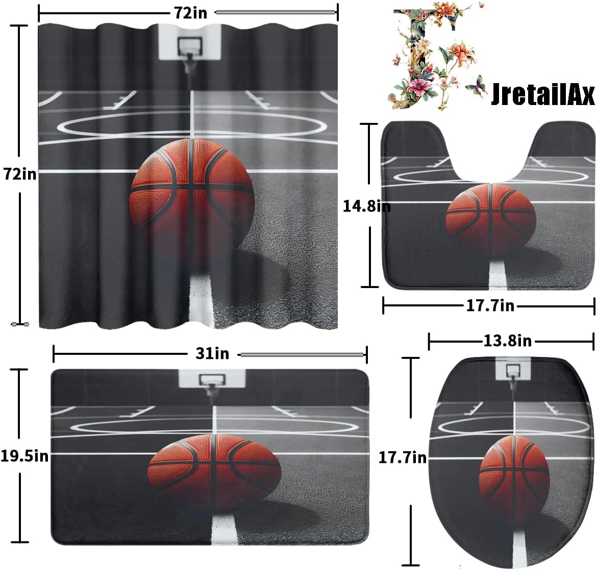 Abstract Boys Game Basketball 4 Piece Shower Curtain Sets, Modern Sports Theme Basketball Court Print Non-Slip Rugs, Toilet Lid Cover and Bath Mat, Durable and Waterproof, for Bathroom Decor Set