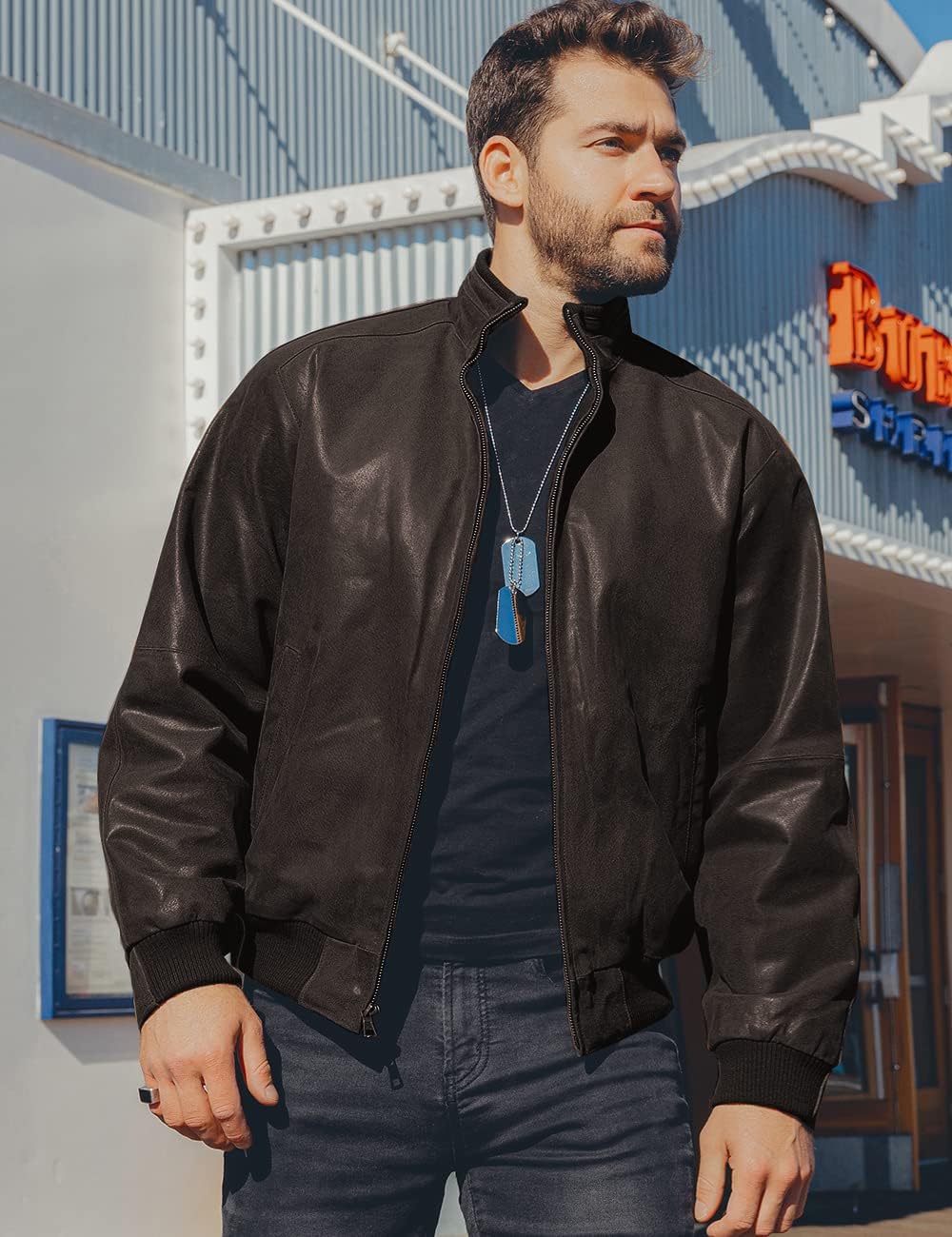 FLAVOR Men's Real Leather Bomber Casual Jacket