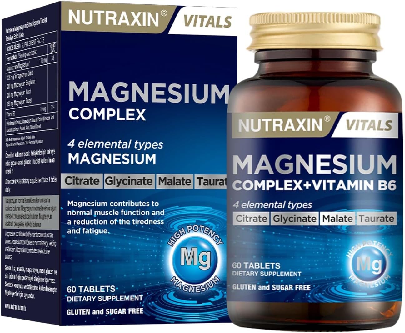 Nutraxin 4-in-1 Magnesium Complex (125g Elemental) + Vitamin B6 for Energy, Muscle Function, Bone & Fatigue – 60 Tablets with Magnesium Citrate, Bisglycinate, Malate & Taurate – Vegetarian Formula