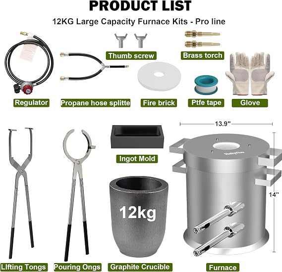 Nelyrho 12KG Propane Smelting Furnace Kit with 2 Crucible Tongs, Full Stainless Steel Foundry Kiln Smelting Gold Silver Copper Aluminum Metal Recycle Smelting Casting Tool