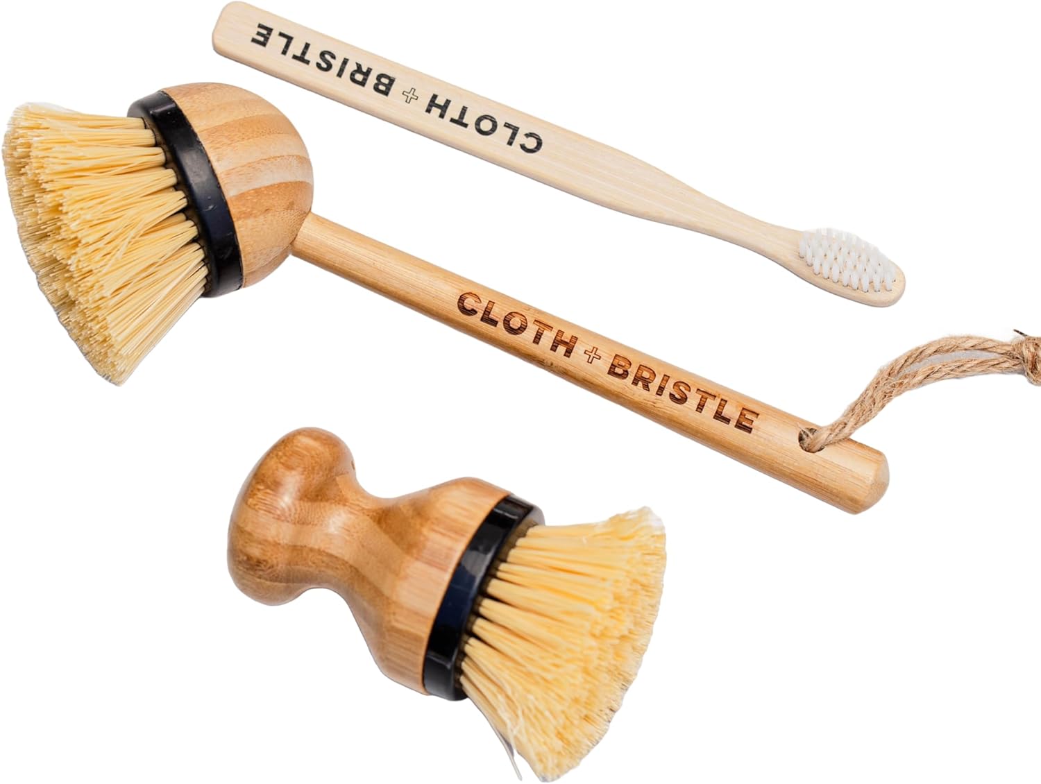 CLOTH & BRISTLE Bamboo Cleaning Brush Combo Set, Versatile Dish Scrub, Pot, and Detail Brushes for Kitchen, Grout, and Household Cleaning, Sustainable Bamboo Handles, Wooden, 197644993802