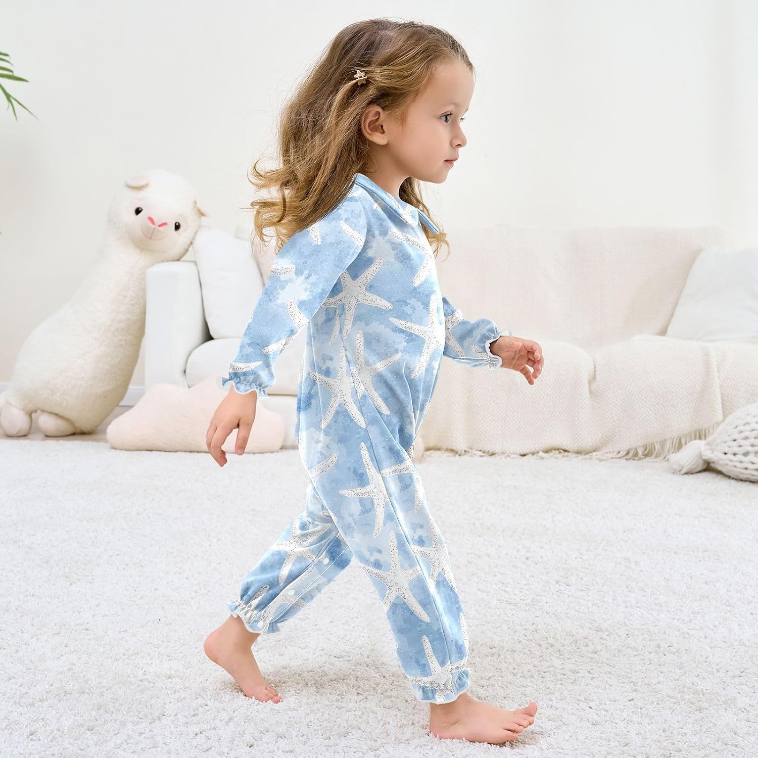 vvfelixl Baby Sleepers White Blue Starfish Long Sleeve Onesie Girl Baby Clothes for Girl Play One-piece for 0-3 months