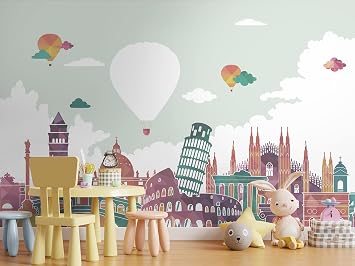 Kids Wallpaper Historical Places Wall Mural Hot Air Balloon Wall Art Girls Boys Bedroom Childroom Wall Decor