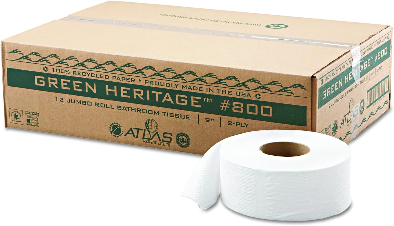 Green Haritage 800 9" Diameter x 3.42" Width, 2-Ply Jumbo Roll Bathroom Tissue (Case of 12)
