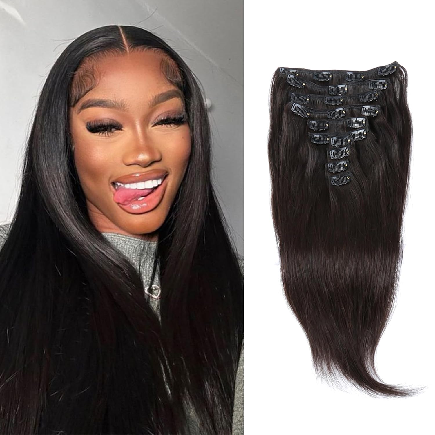 Bella Hair Clip-In Human Hair Extensions Silky Straight - 26 inch 160g 10pcs Real Remy Hair Wefts with 21 Clips | Long-Lasting Healthy Hair | Instant Length & Volume for All Hair Types