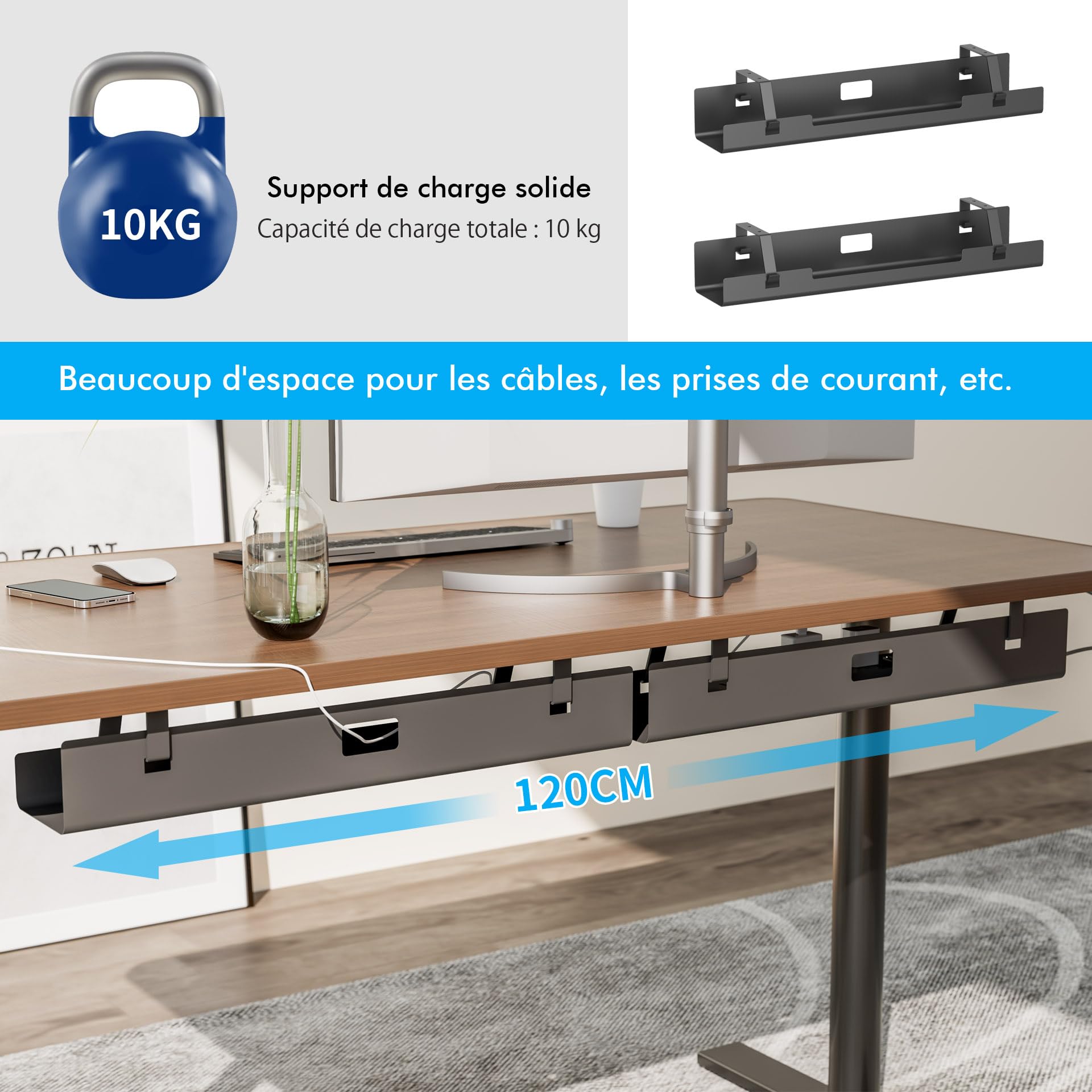 Mimoke Lot de 2 Plateaux de Gestion de câbles, 120 cm (2 x 60 cm), Plateau de câble en Acier pour Bureau, multiprise, Facile à Monter, Peu encombrant