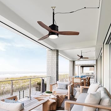 32 Inch Outdoor Plug In Ceiling Fan with Lights for Gazebo Waterproof with Hook, DC Motor w 6-Speeds, Walnut