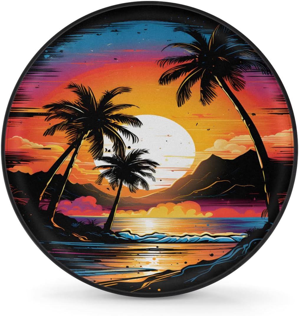 Rv Spare Tire Cover Wheel Sunset Palm Beach Tire Covers Wheel Protectors Universal Fit for Camper RV SUV Truck Travel Trailer Accessories Waterproof Cover 15 inch for Diameter 27-29in