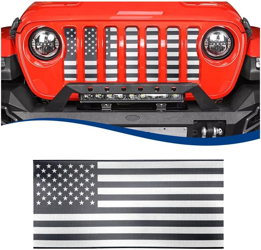 Front Mesh Grill Inserts Compatible with 2018-2026 Jeep Wrangler JL & Gladiator JT, Heavy-Duty American Flag Design (Black, 2018+ JL JT)