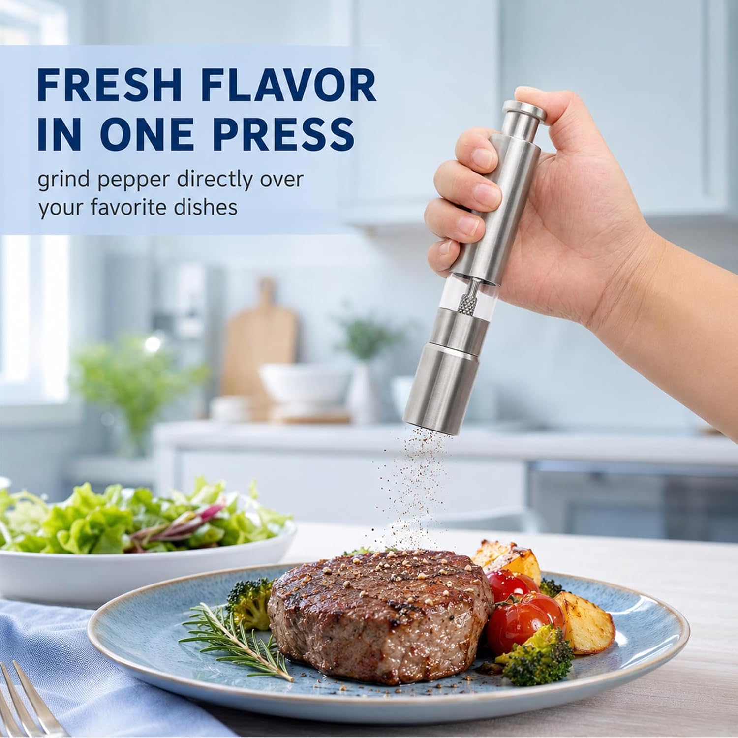 Push Button Salt And Pepper Grinder Set For Black Pepper,Spice And Salt | Stainless Steel Salt And Pepper Grinder Set,Manual Push Button Salt Pepper Grinder for One Hand Operation are Refillable