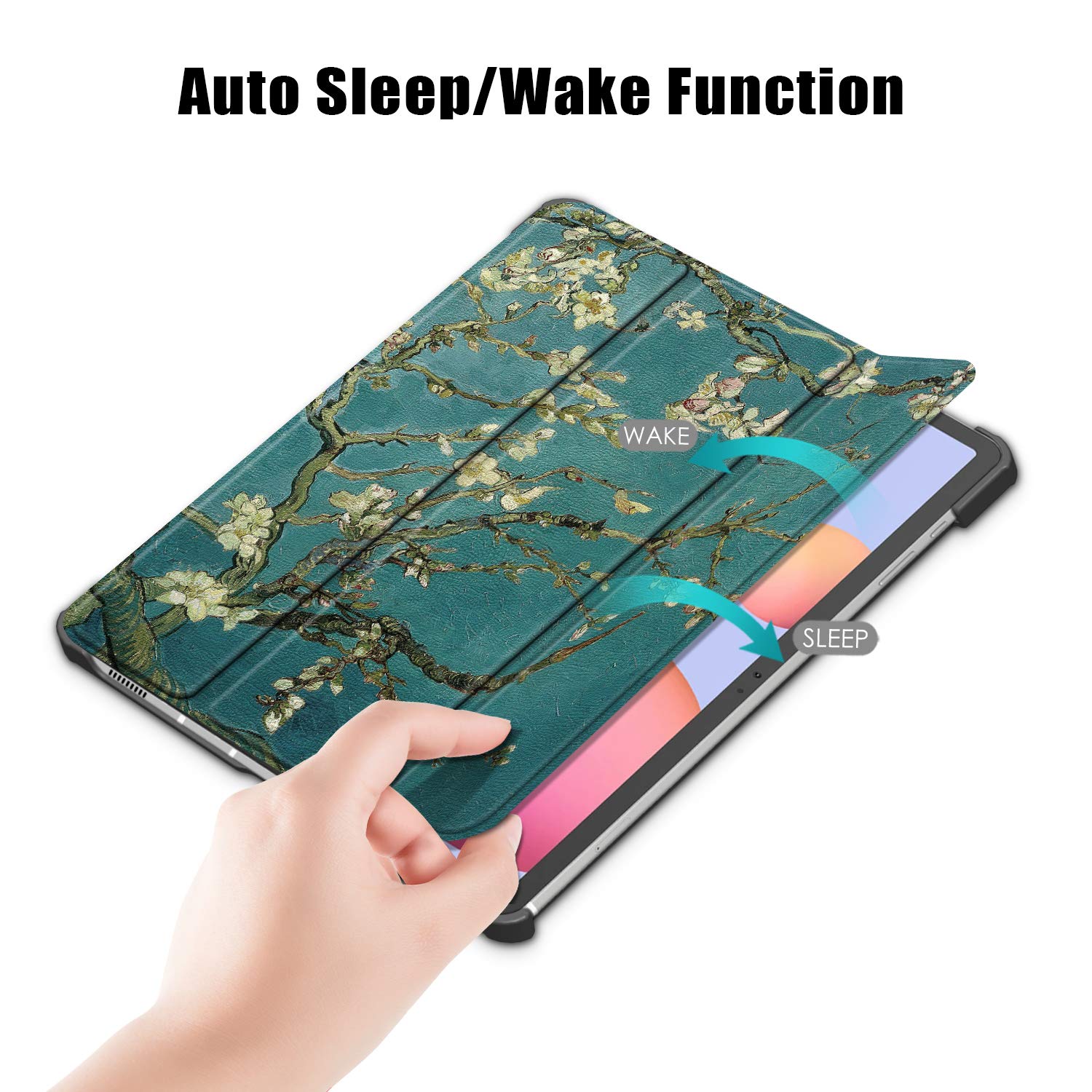 Etui do Samsung Galaxy Tab S8 Plus 12,5 cala 2022/S7 FE 2021/S7 Plus 2020 (SM-X800/X806/T730/T733/T736/T738/T970/T975/T976) lekkie potrójnie składane cienkie etui do automatycznego budzenia E/Sen, migdałowy Kwiat