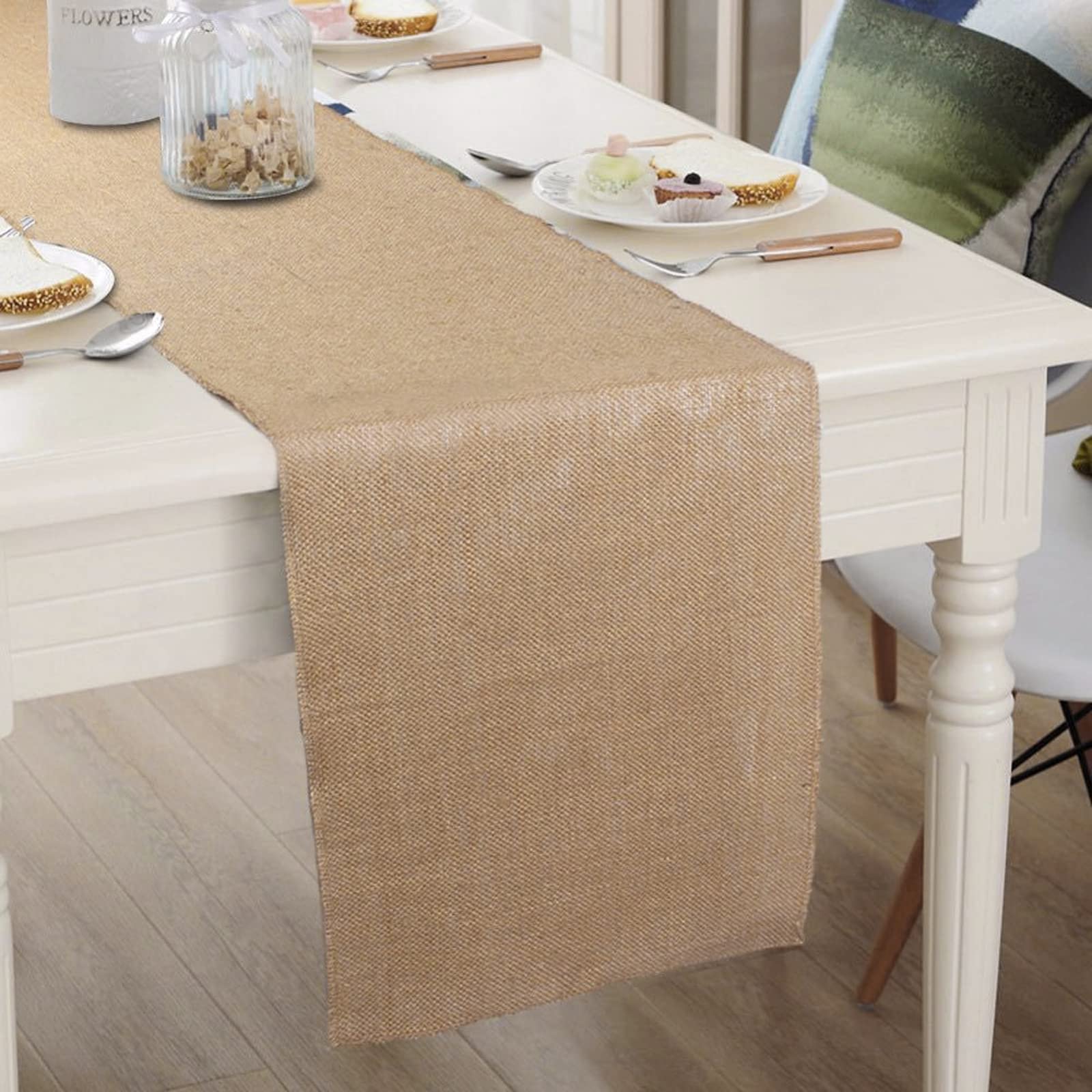 LOMOHOO Rustieke tafelloper 183 cm lang, katoenen linnen boho tafellopers, boerderij tafelloper, gevlochten gestreepte salontafellopers voor diner, feest, vakantie, 32 x 240 cm, beige