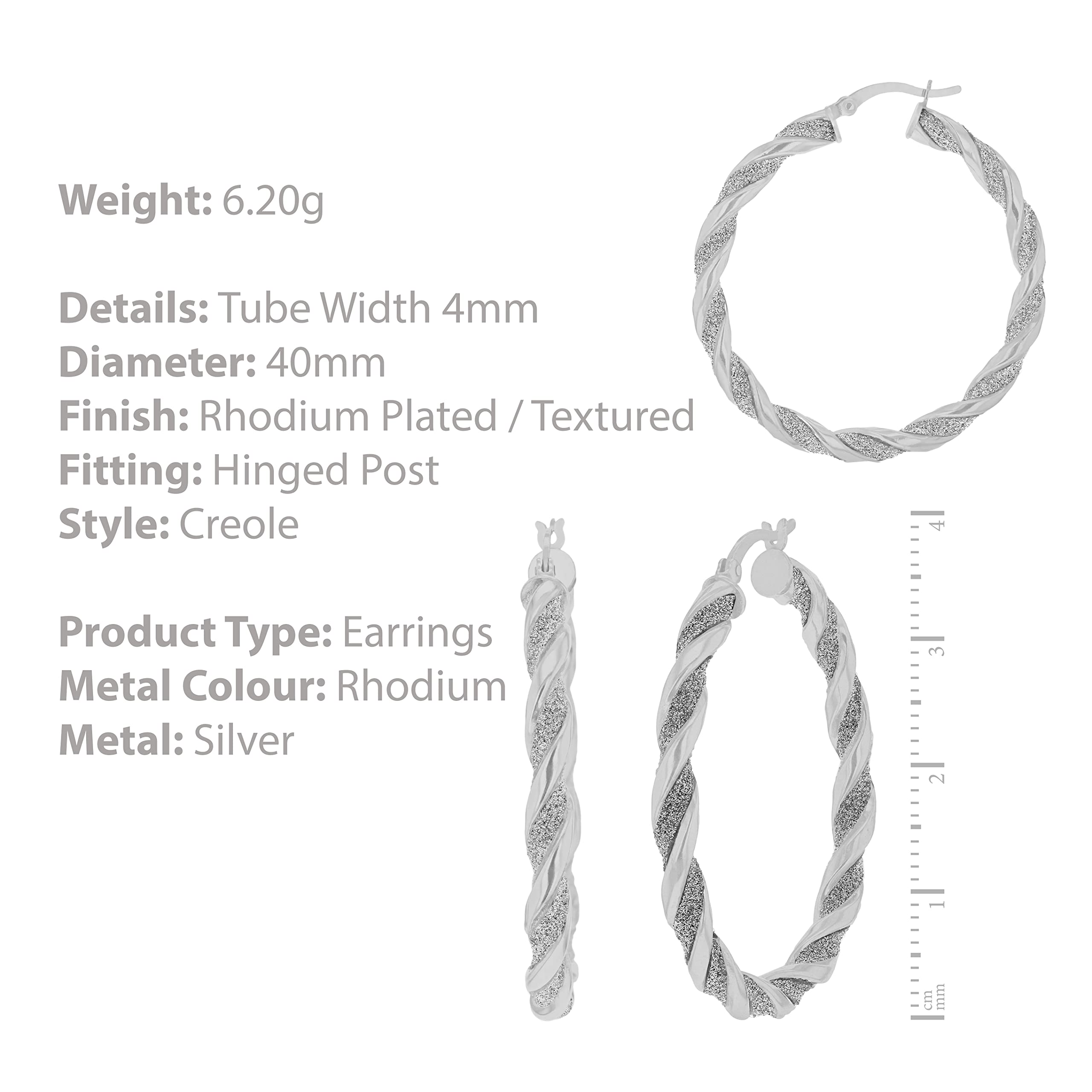 Tuscany Silver Damskie kolczyki obręcze ze srebra wysokiej próby Stardust Twisted Creole - 40 mm