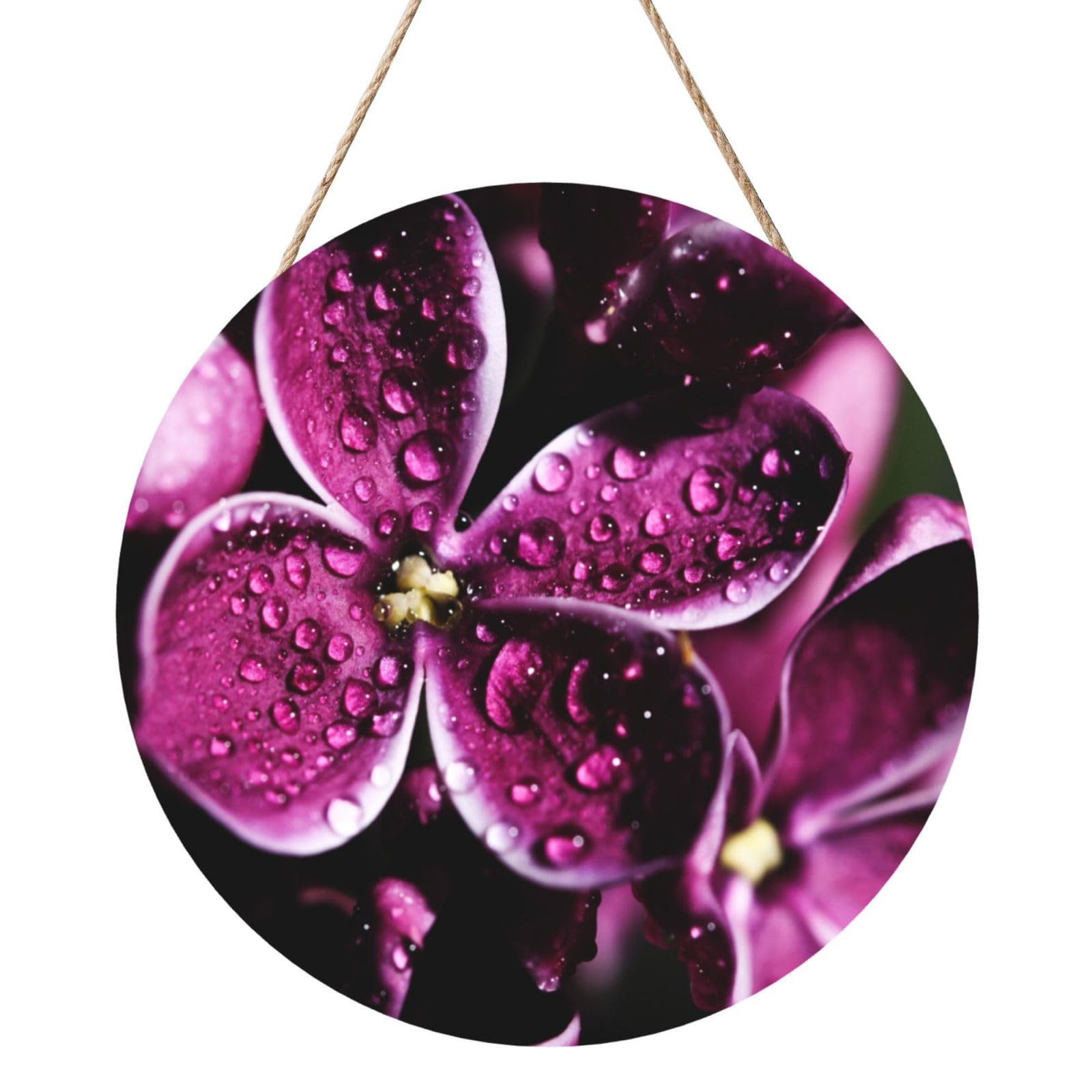 InOmak Purple Flowers Printed, Round Wood Panel Painting 12 in, Wall Hanging Painting For Home