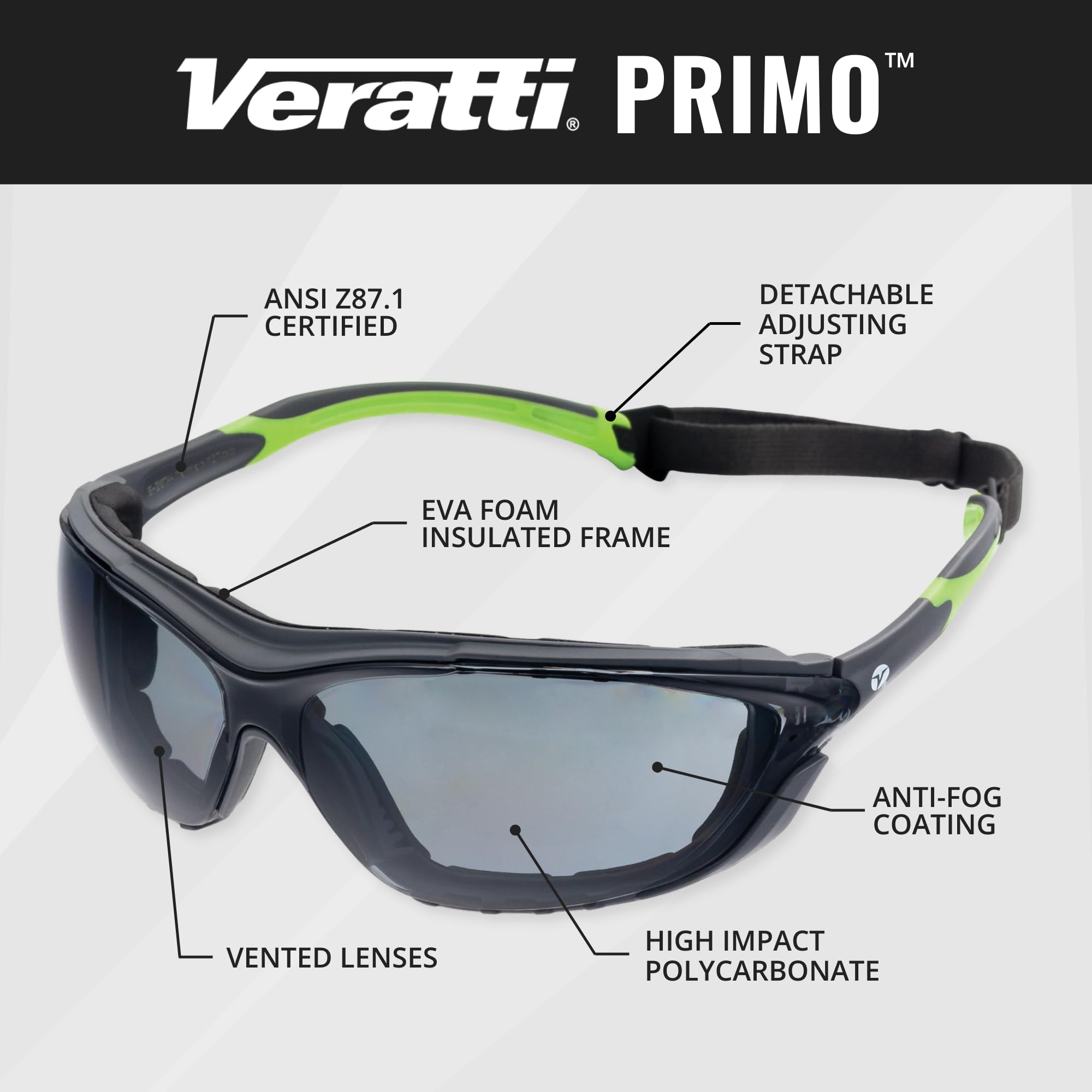 Veratti Primo Safety Glasses, 12 Pack, Anti-Fog Gray Lens, ANSI Z87.1 Certified, Vented Foam Lined Gray/Green Frame