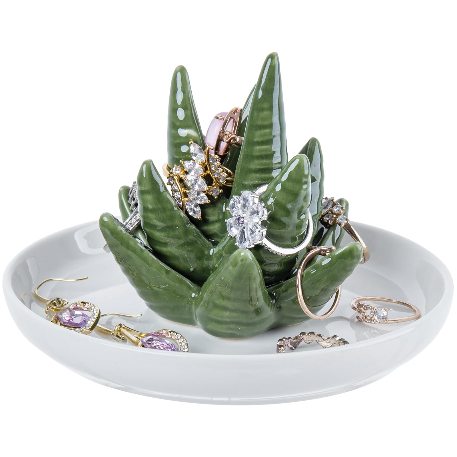 MyGift Decorative White Ceramic Ring Tray for Jewelry, Ring Cone and Trinket Tray with Raised Heart Design (Ceramic Aloe)