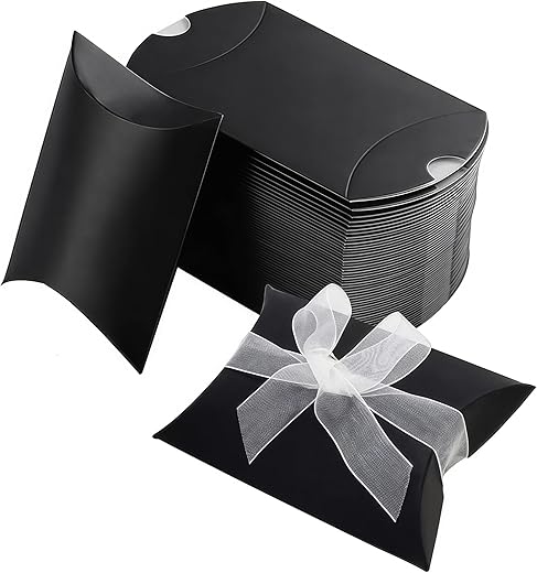 50 Pcs Vintage Black Kraft Paper Pillow Boxes Gift Boxes Candy Boxes with Ribbon for Birthday, Shower, Wedding, Halloween Party