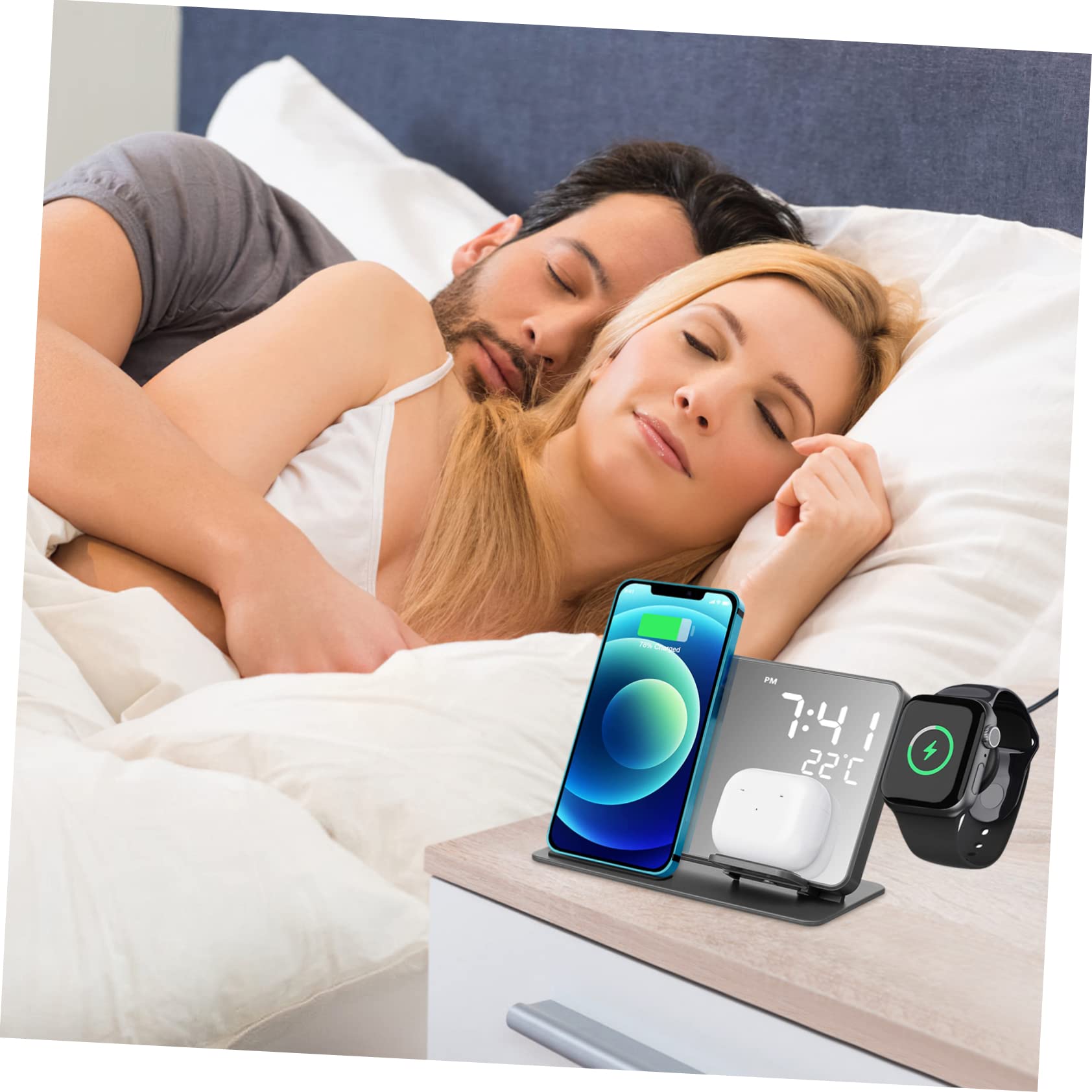 Station De Charge Rapide sans Fil avec Réveil Numérique LED Support Multifonction Compatible Montre Et Écouteurs