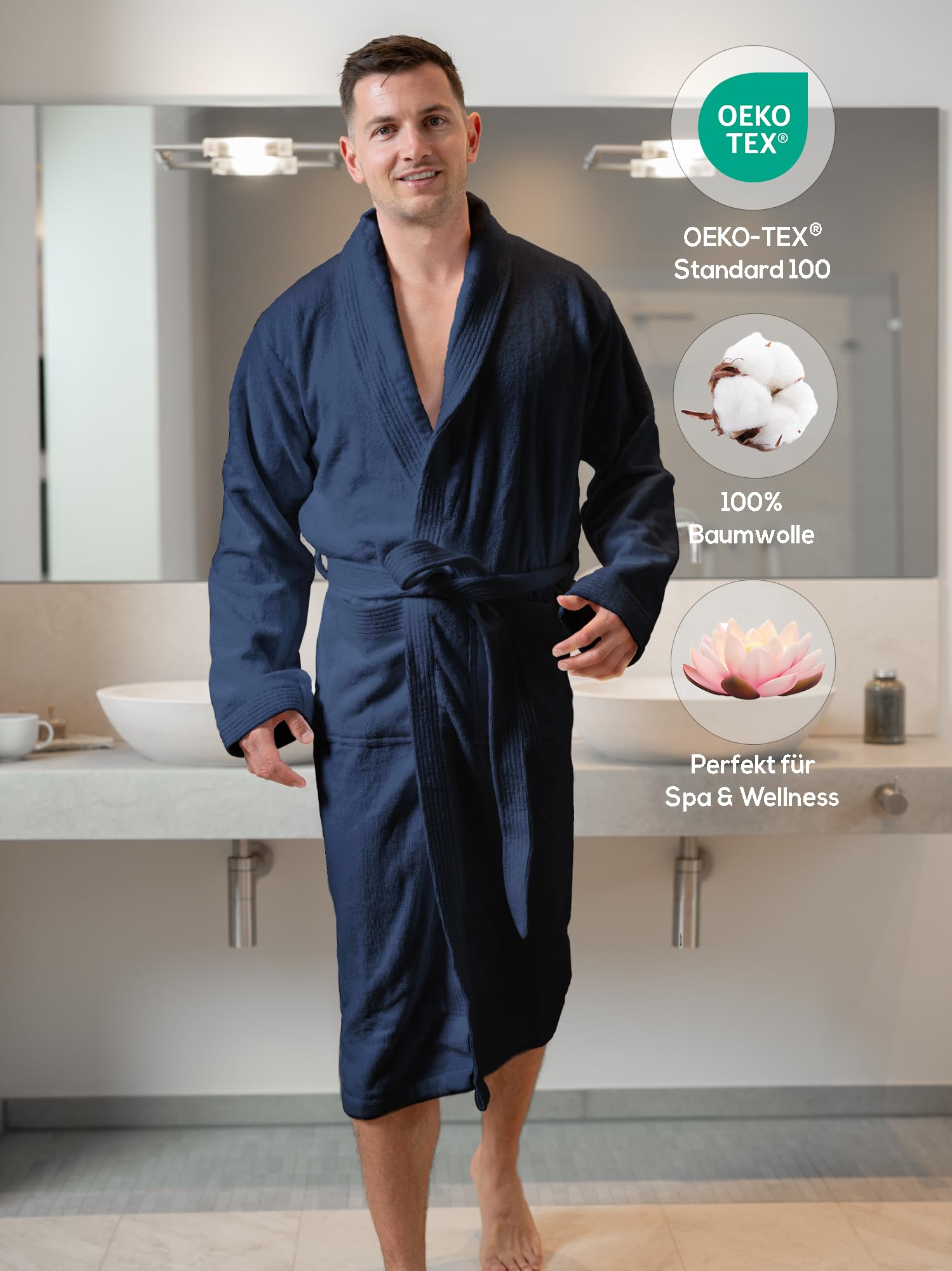 Herren Bademantel Frottee Velour 100% Baumwolle mit Schalkragen Weich M bis XXL – Kuscheliger Bademantel für Männer, Sanft, Komfortabel, Waschbar, Weich