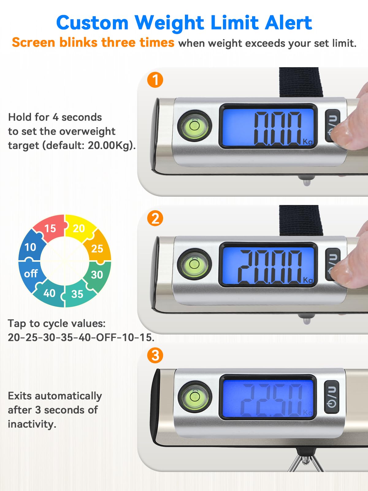 Dr.meter Waga podróżna z taśmą mierniczą, praktyczna cyfrowa waga bagażowa z hakiem (50 kg/110 lb) z wyświetlaczem LCD i ramieniem przeciążeniowym. Zintegrowana taśma miernicza do podróży wraz z
