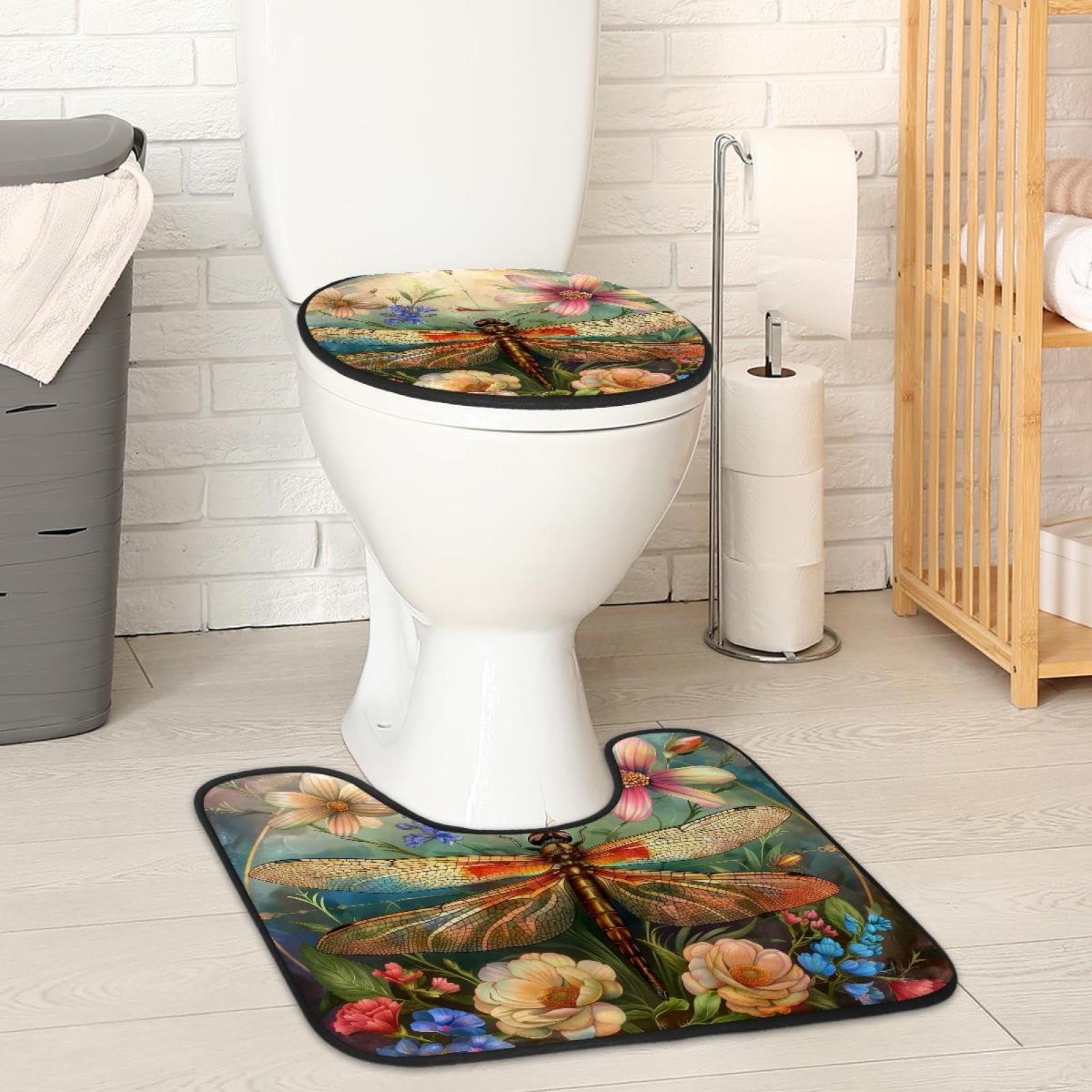 MUOOUM Toilet Lid Cover and U-Shaped Toilet Floor Mat Set of 2 Pieces, Colorful Flowers and Dragonfly Toilet Mat Set, Machine Washable Seat Covers Non-Slip Absorbent Rugs
