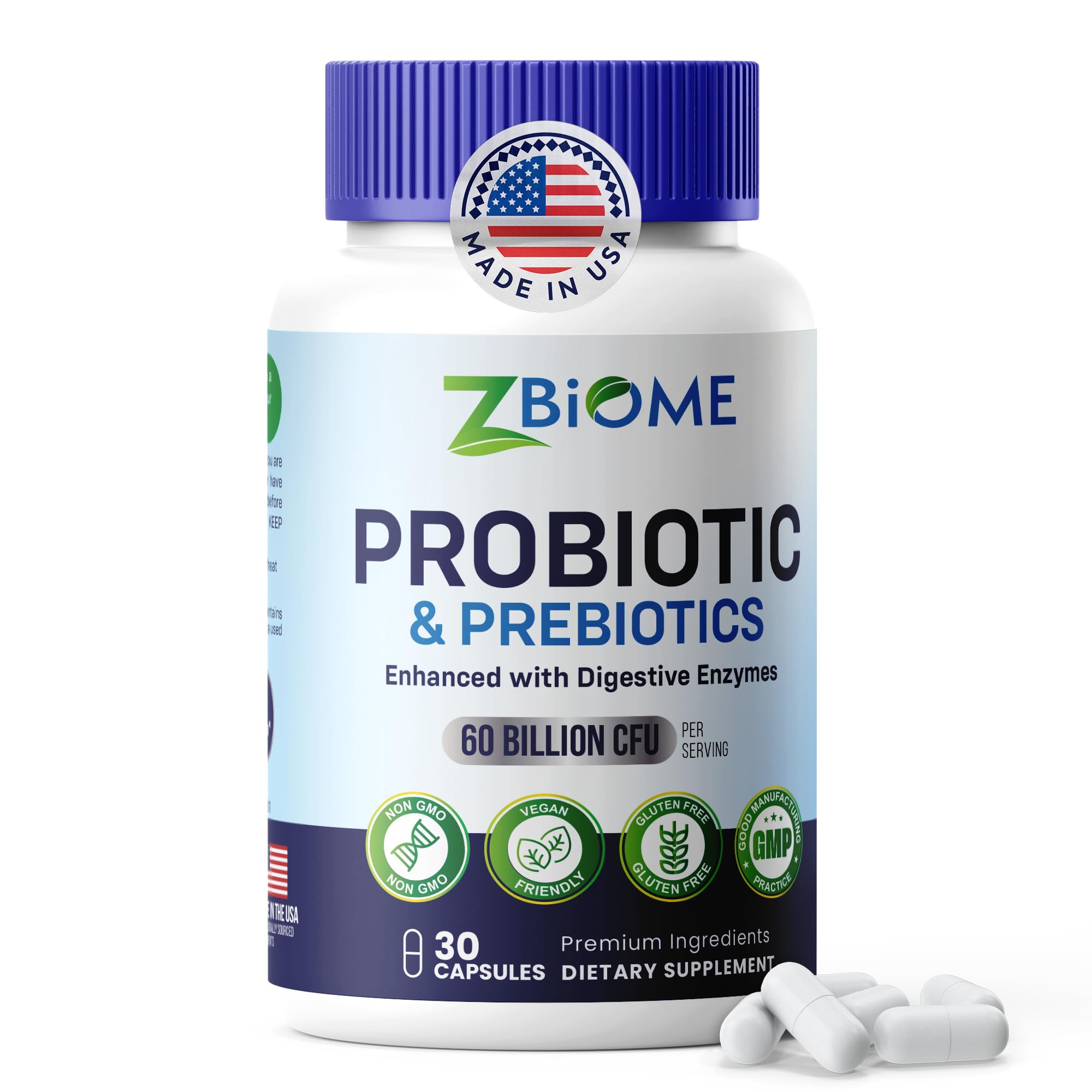 Suplemento de probióticos y prebióticos ZBIOME: 60 mil millones de UFC, lactobacilos, butirato y acidófilos para el bienestar digestivo, intestinal y corporal, y para el estreñimiento, la diarrea, los gases y la hinchazón, para hombres y mujeres, 30 cápsulas