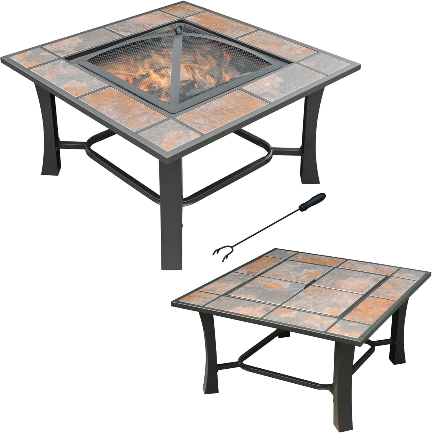 Axxonn 32", 2-in-1 Malaga Convertible Square Tile Top Fire Pit, Coffee Table Wood Burning Fire Bowl