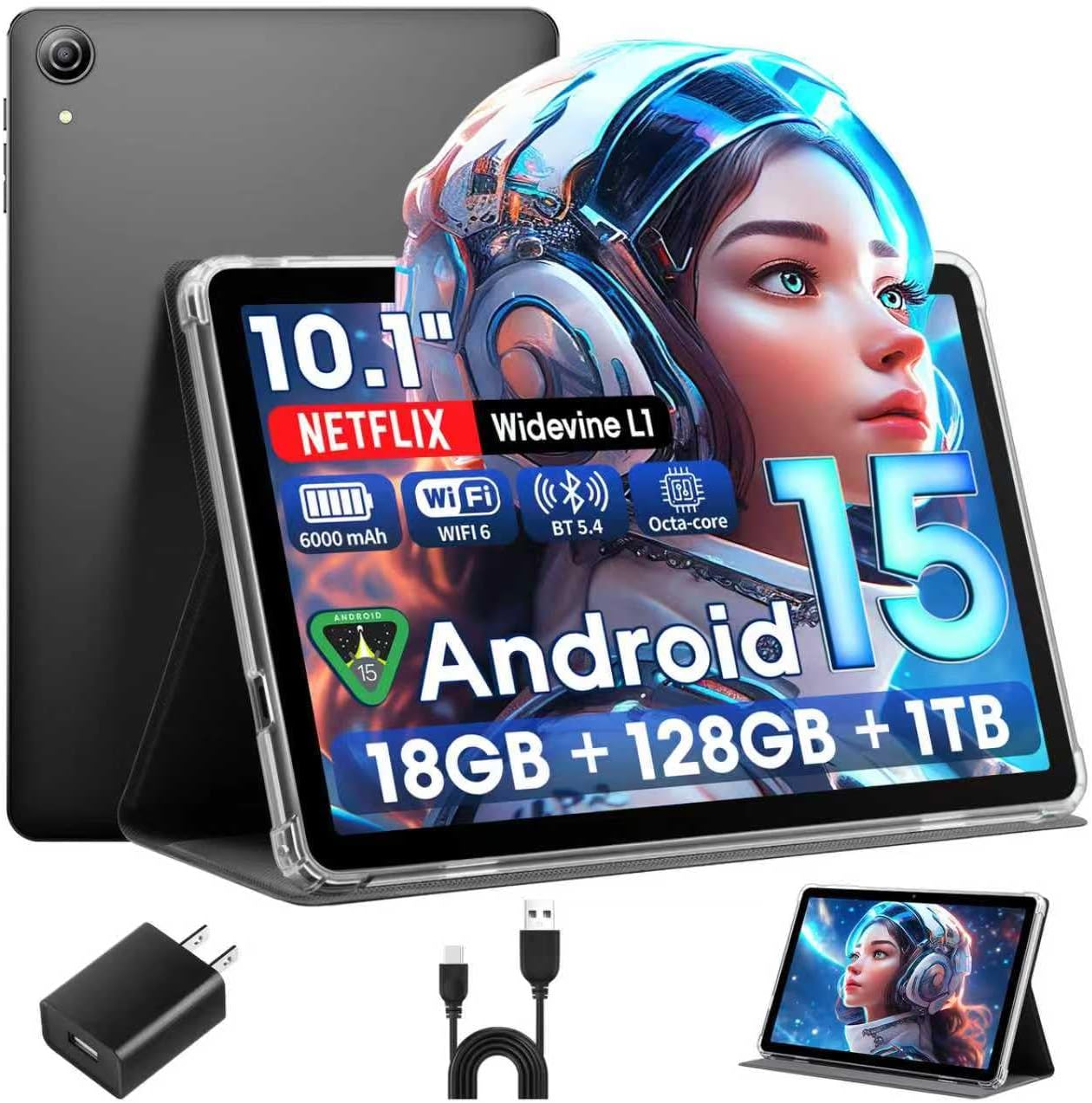 Android Tablet High Performance, 18GB RAM 128GB ROM, 10 Inch Tablets with 1280 x 800 IPS HD Touchscreen, Octa-Core Processor, 1TB Expandable, Dual Camera,6000mAh, GPS