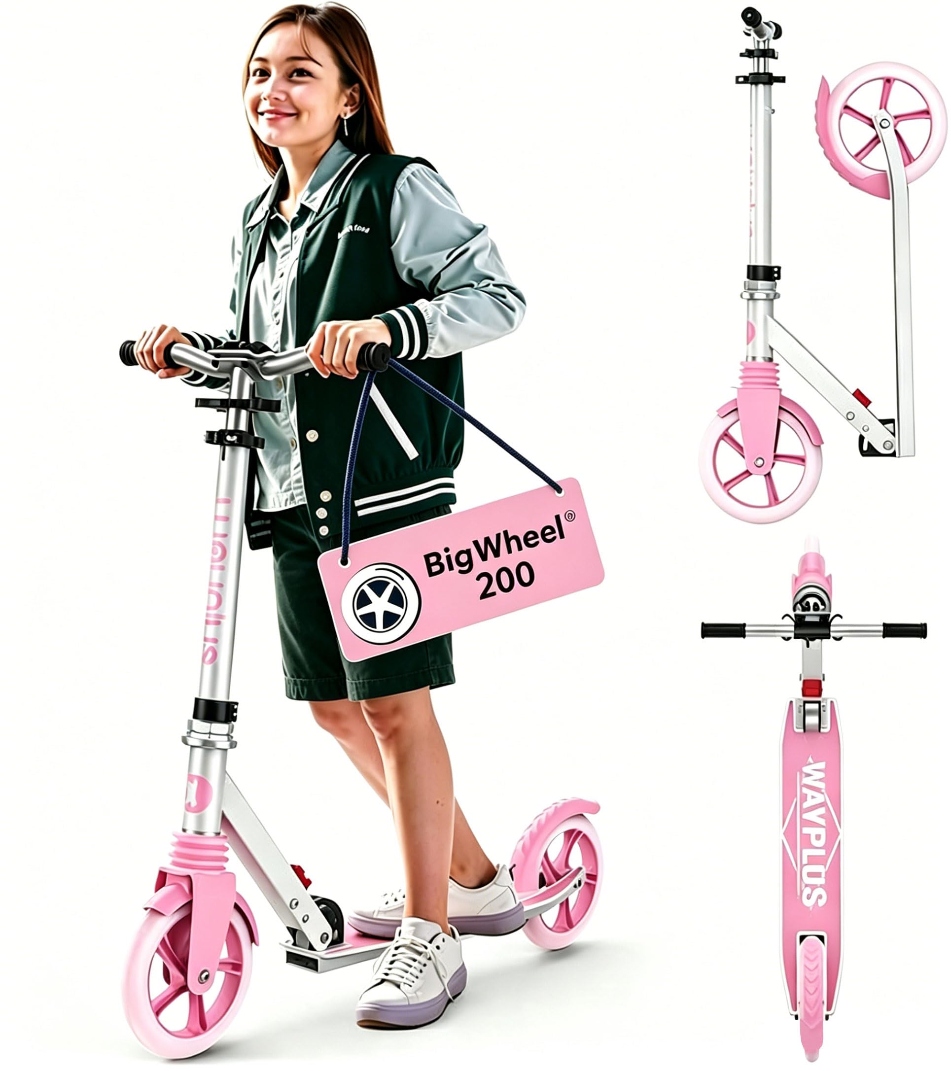 WAYPLUS Cityroller für Kinder, Jugendliche & Erwachsene ab 6 Jahren, Leicht & Zusammenklappbar, Max. Belastbarkeit 108kg, 200mm Räder mit ABEC9 Kugellager, Höhenverstellbar & Inkl
