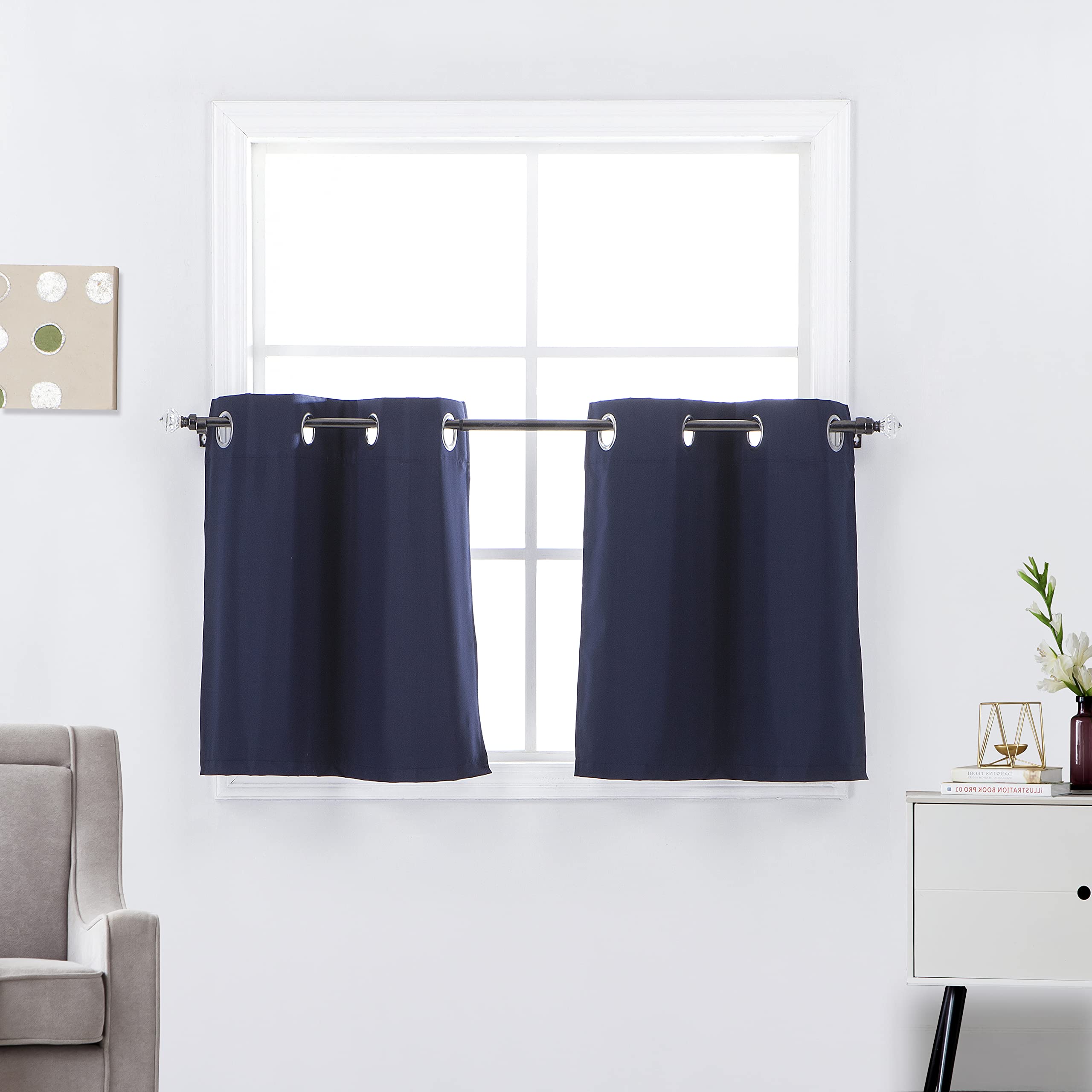Diamond Home Linens 2 Short Panels 100% Blackout Window Treatments Tier Curtains 24 inch Length with Grommets for Kitchen Decor, Basement, Bathroom or Any Small Window, Navy Blue