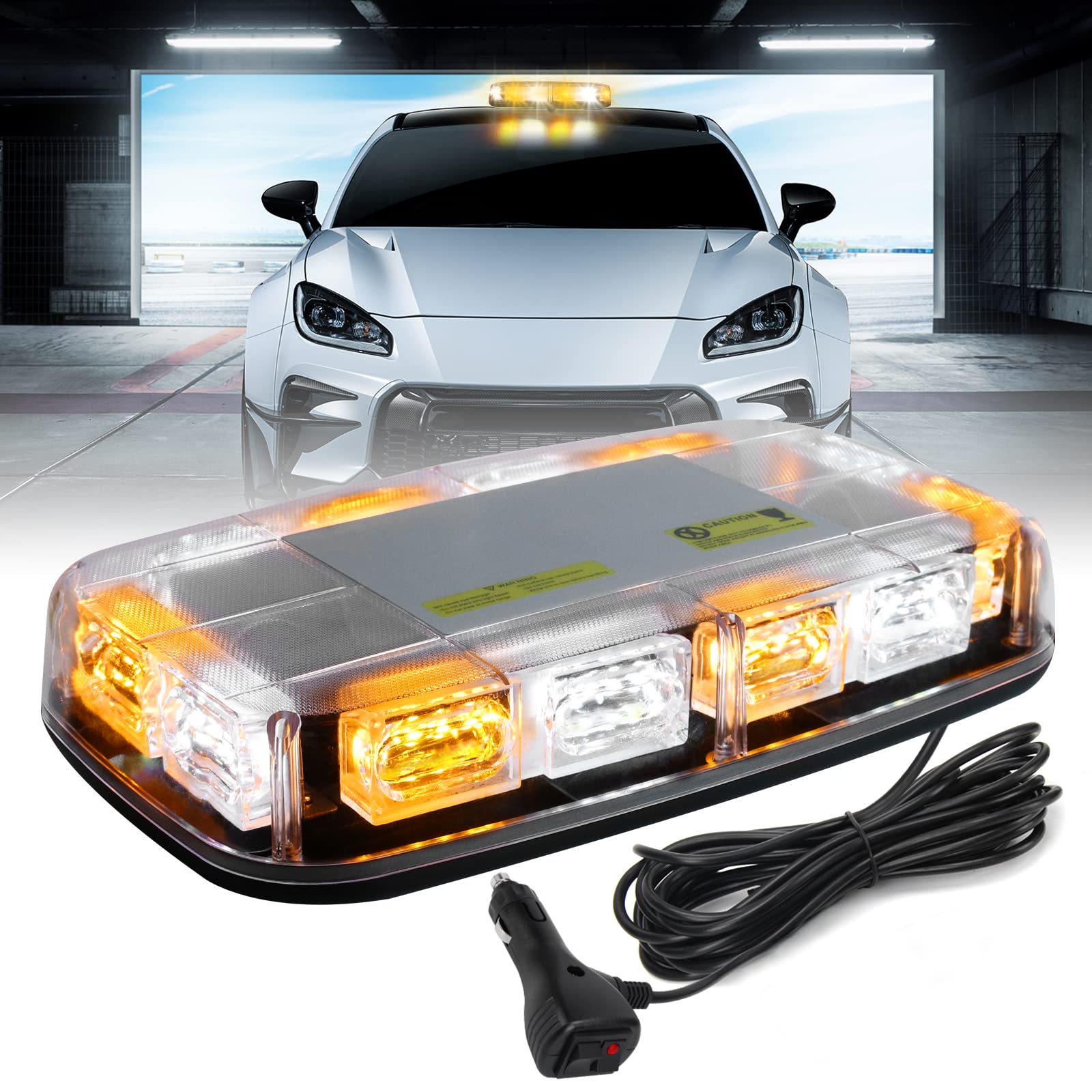 I LITTON Amber & White Flashing Beacon Strobe Light for Truck, 48-LED 16 Flash Mode Warning Emergency Strobe Light Bar with Magnetic Base, LED Strobe Light for Vehicles Truck Snowplow Excavator Car