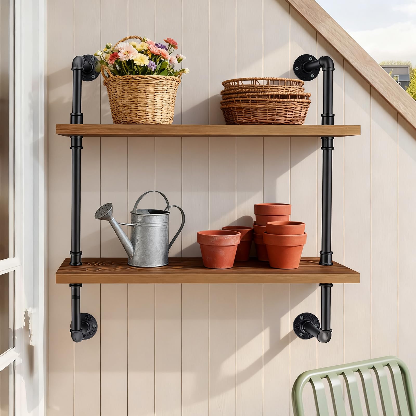 Tanice Estantes industriales de tubería montados en la pared, estante de madera rústica de 2 niveles para cocina y dormitorio, almacenamiento de estilo vintage con diseño resistente